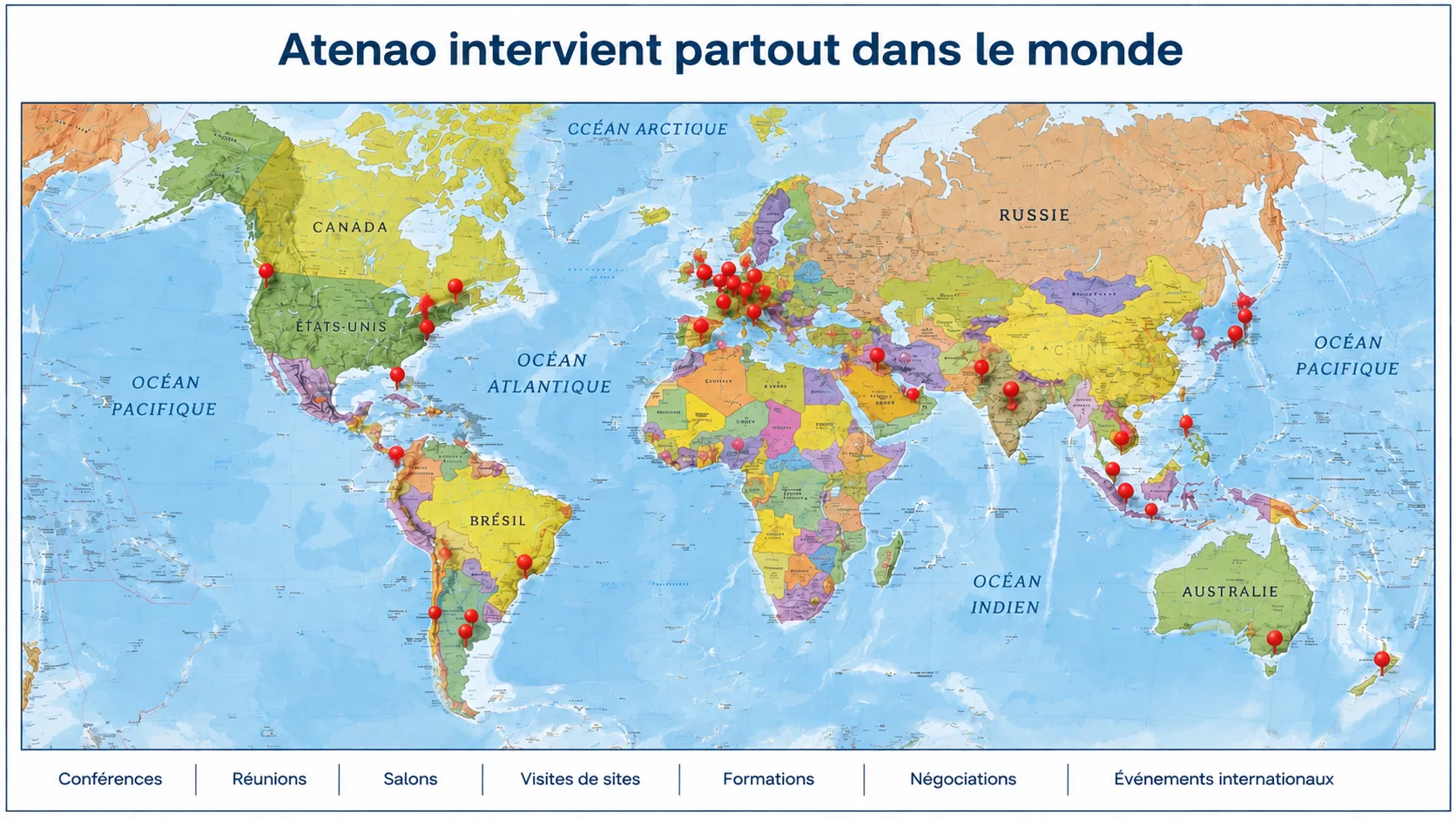 Carte des interventions d’Atenao en interprétariat en présentiel dans le monde